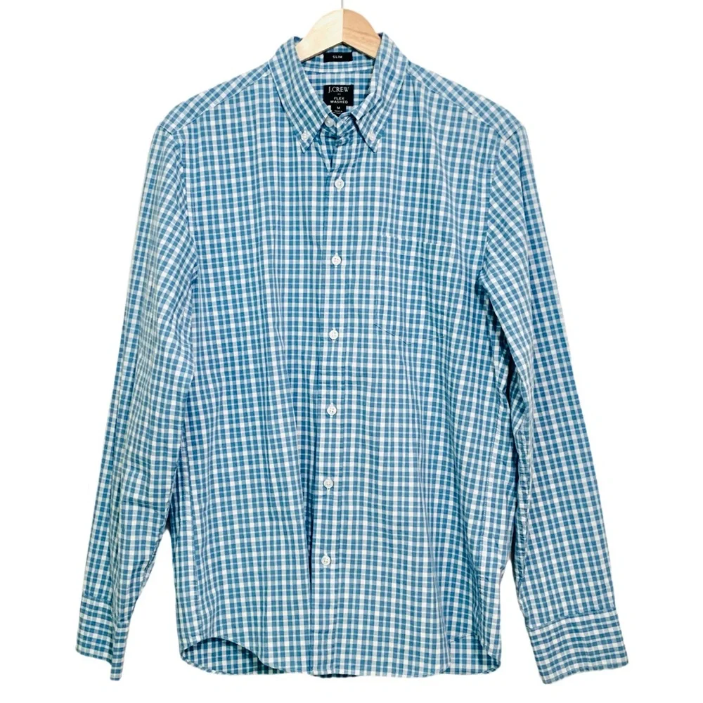 J. Crew Men’s Blue Checked Button Down Flex Washed Size Medium Slim Fit